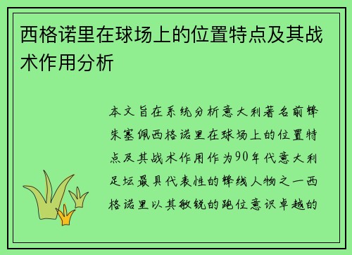 西格诺里在球场上的位置特点及其战术作用分析