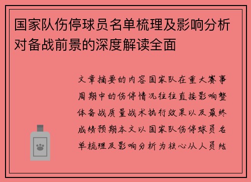 国家队伤停球员名单梳理及影响分析对备战前景的深度解读全面 国家队伤停球员名单梳理及影响分析对备战前景的深度解读全面